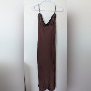 Women's Brown Slip Maxi Dress with Lace Trim